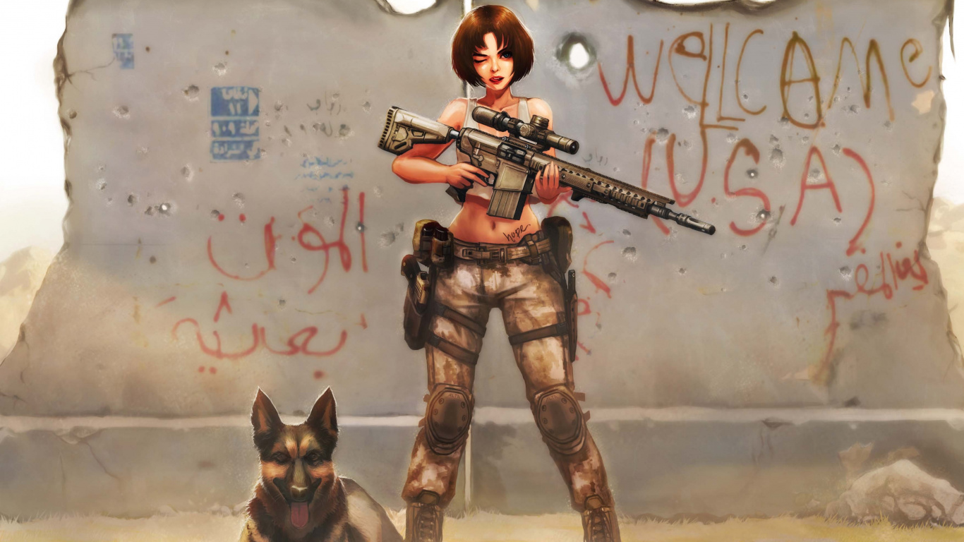 Обои аниме, Псовые, Сторожевая собака, доберман, Девушки с оружием в разрешении 1366x768