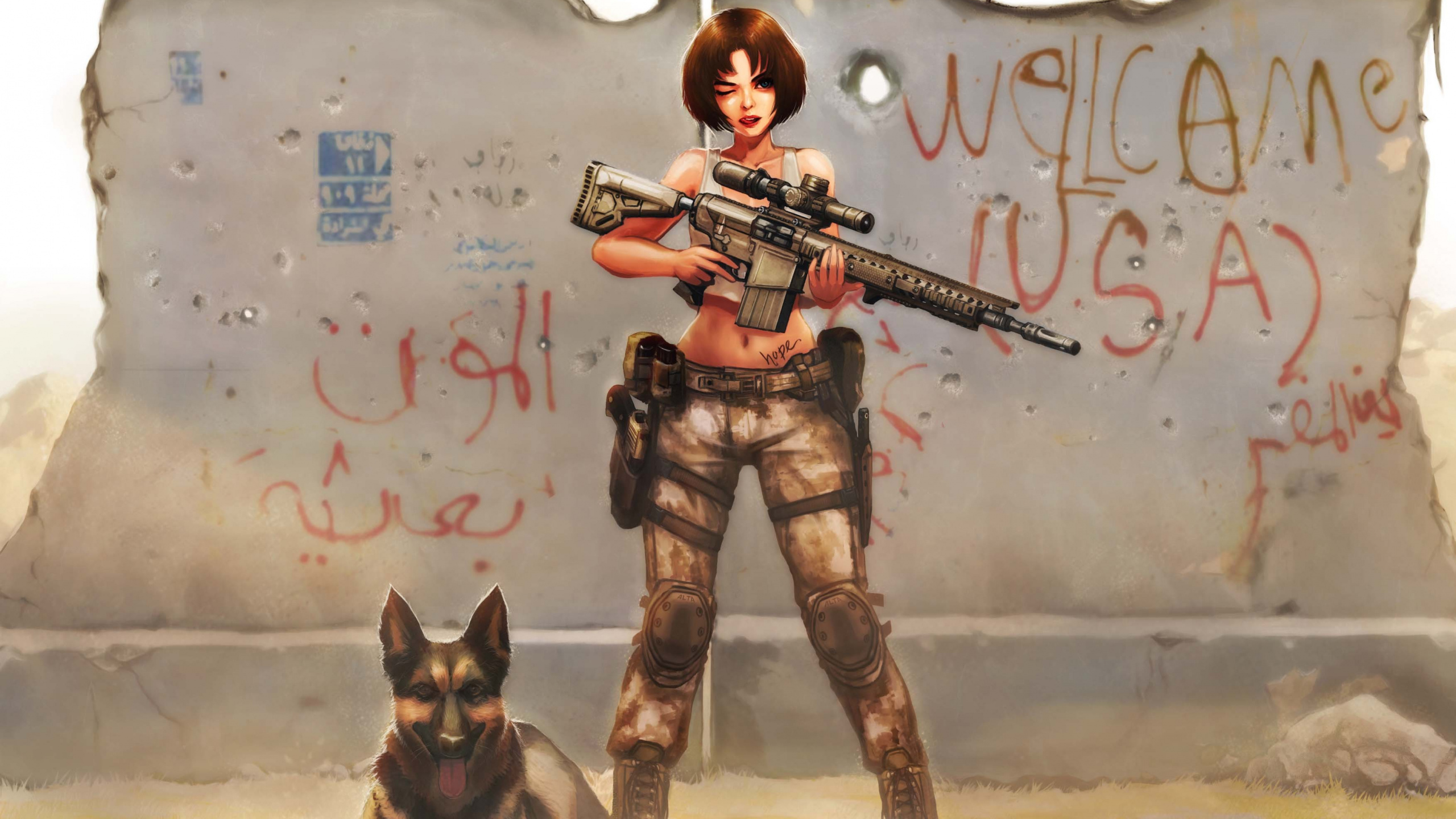 Обои аниме, Псовые, Сторожевая собака, доберман, Девушки с оружием в разрешении 2560x1440