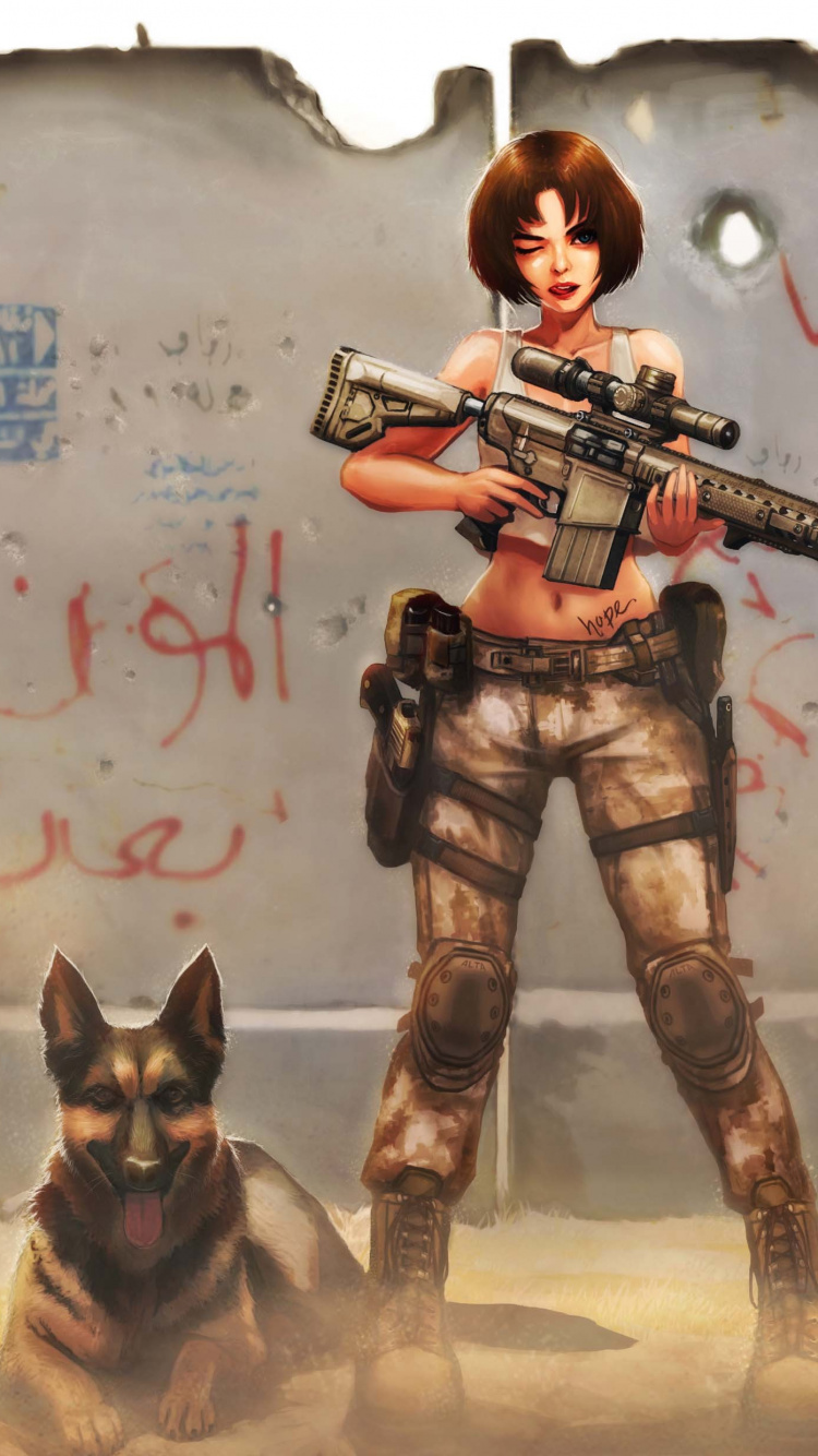 Обои аниме, Псовые, Сторожевая собака, доберман, Девушки с оружием в разрешении 750x1334