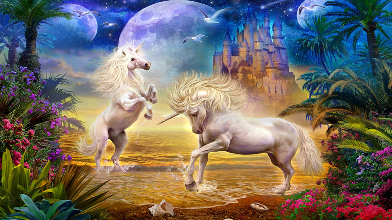 Обои единорог, мифическое существо, живопись, мифология, конь в разрешении 1366x768