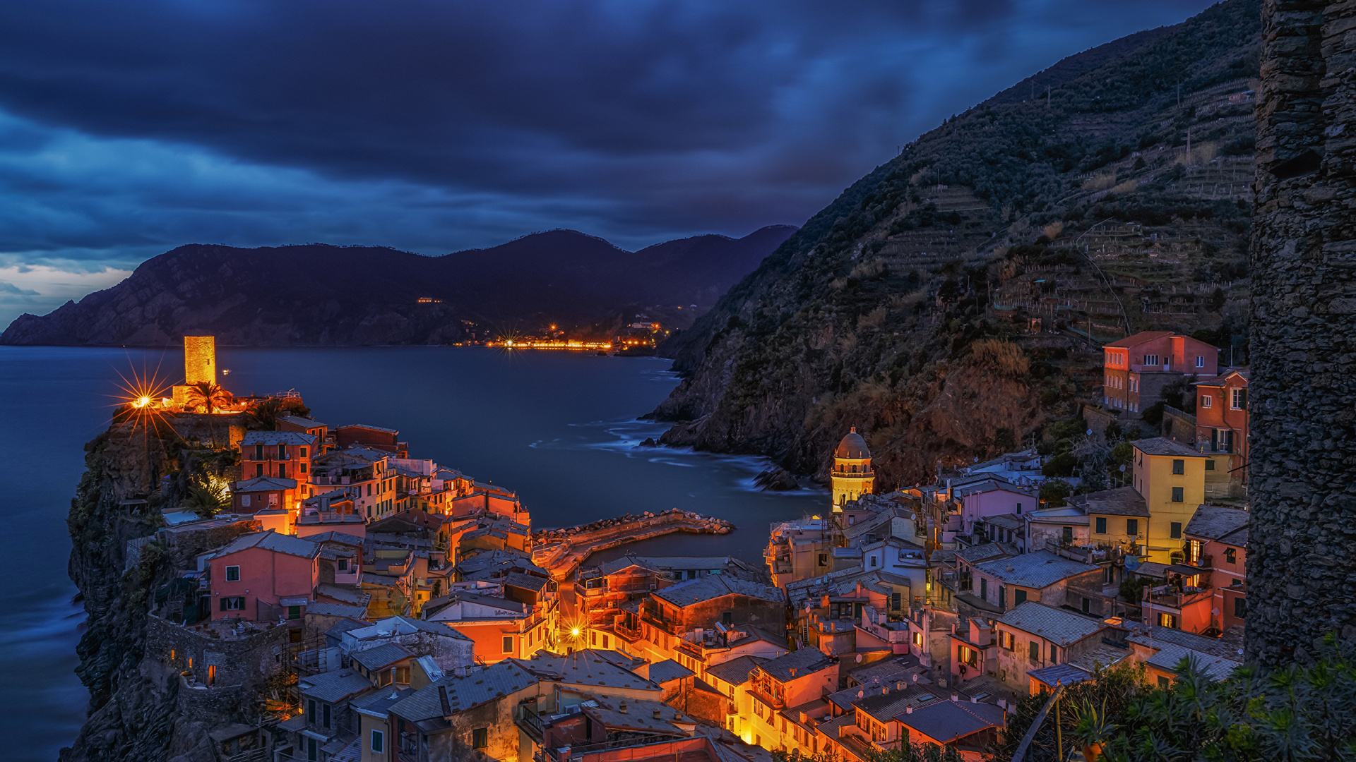 Обои Вернацца, природа, ночь, вечер, море в разрешении 1920x1080