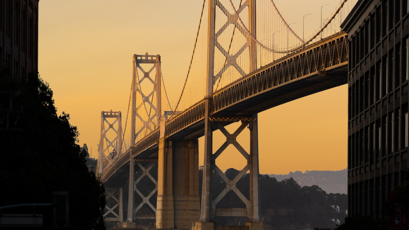 Обои Сан-Франциско-Окленд Бэй-Бридж, облако, инфраструктура, легковые автомобили, дерево в разрешении 1366x768