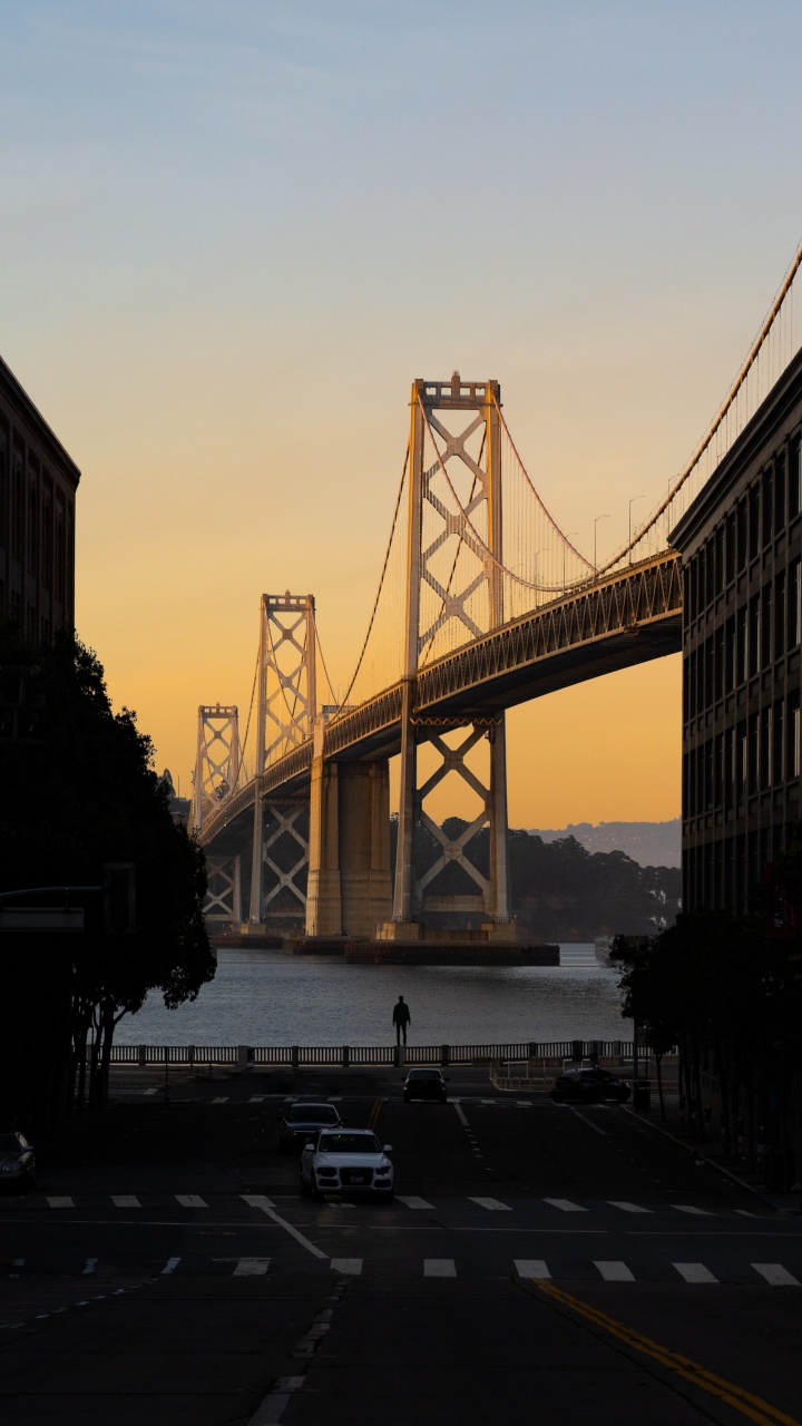 Обои Сан-Франциско-Окленд Бэй-Бридж, облако, инфраструктура, легковые автомобили, дерево в разрешении 720x1280