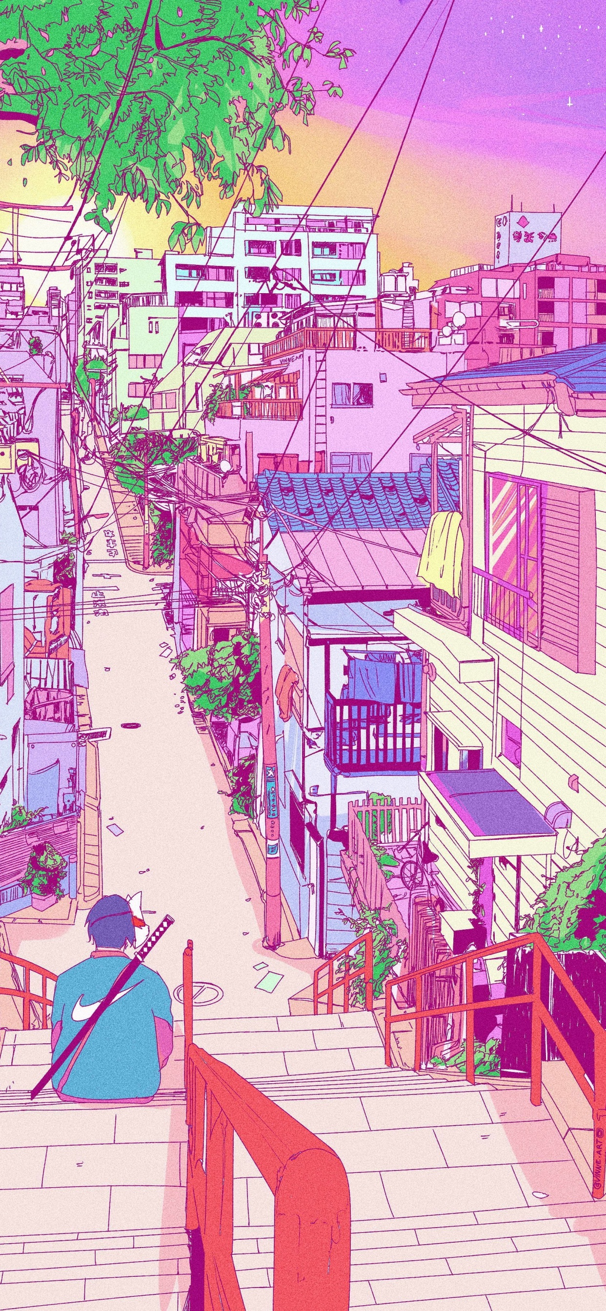 Обои эстетическая япония аниме, аниме, Япония, рисование, эстетика в разрешении 1242x2688