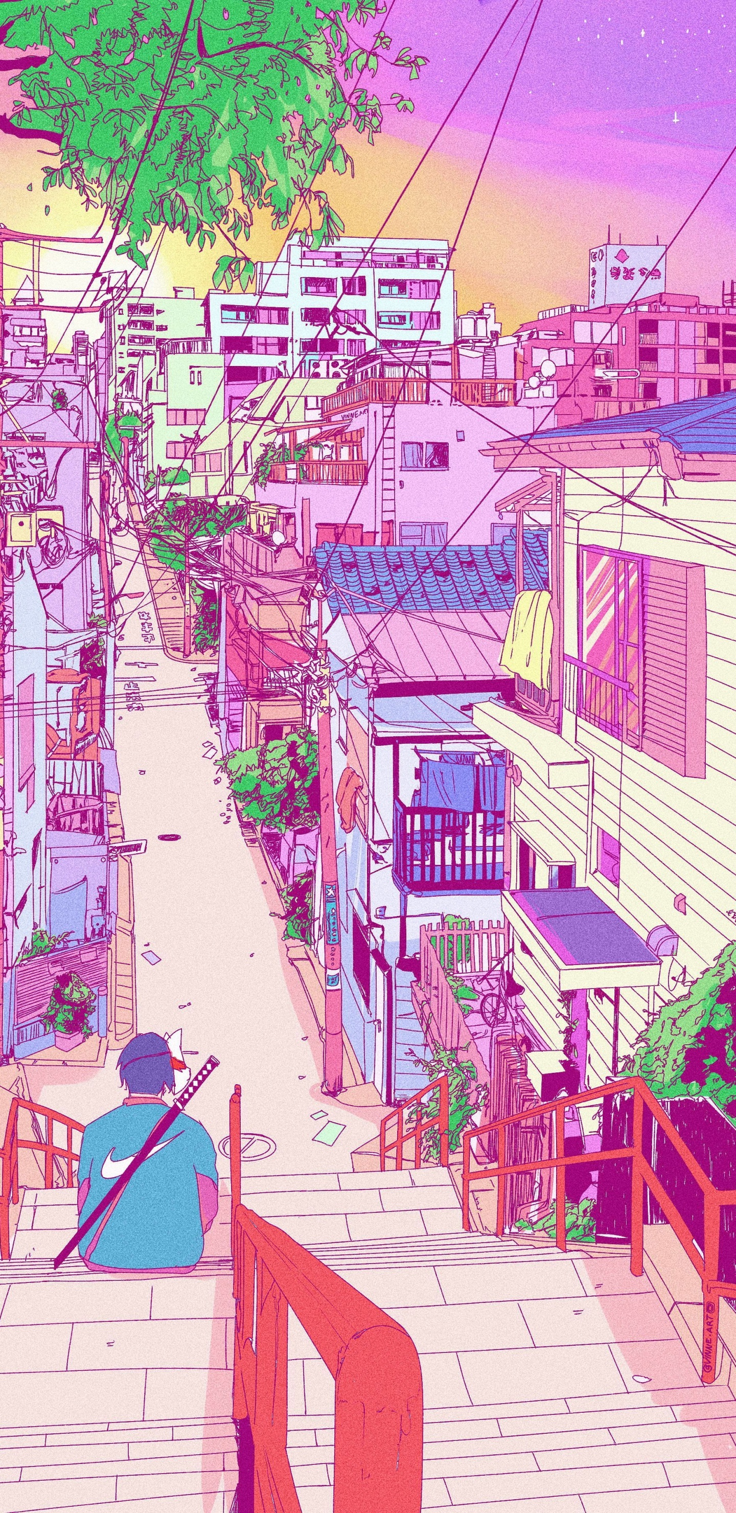 Обои эстетическая япония аниме, аниме, Япония, рисование, эстетика в разрешении 1440x2960