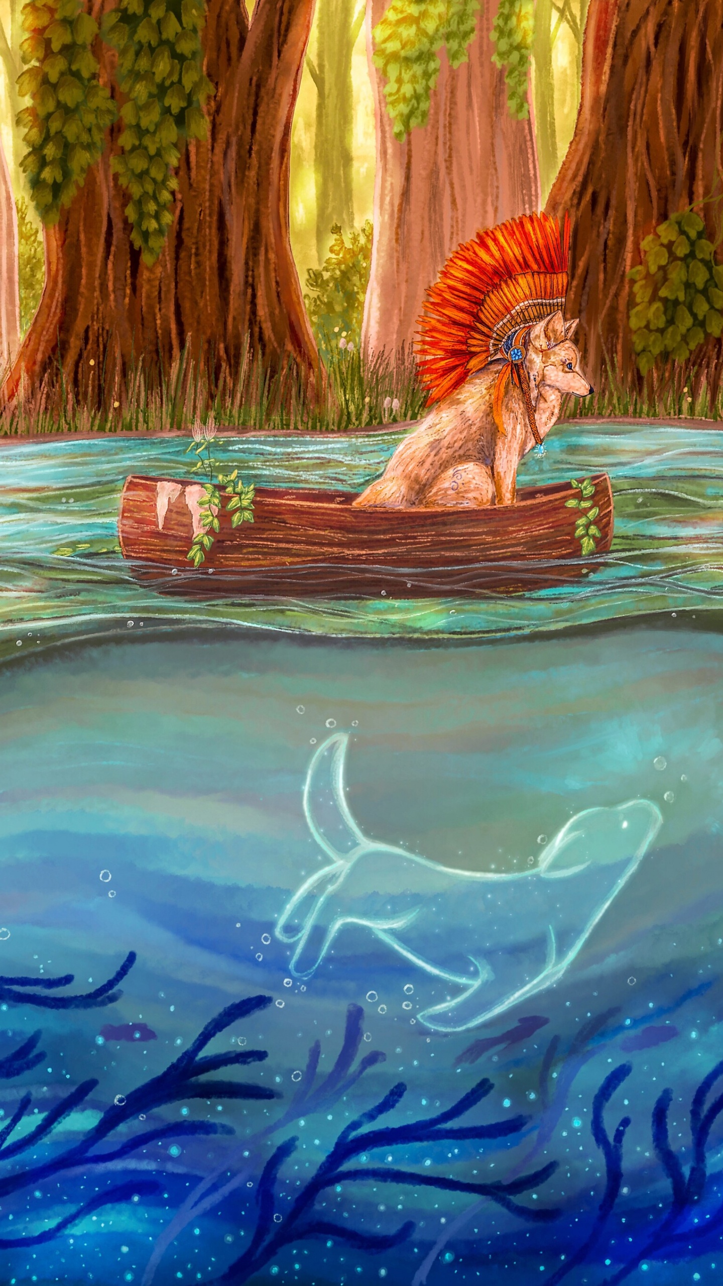 Обои водоем, живопись, олененок, иллюстрация, вымышленный персонаж в разрешении 1440x2560
