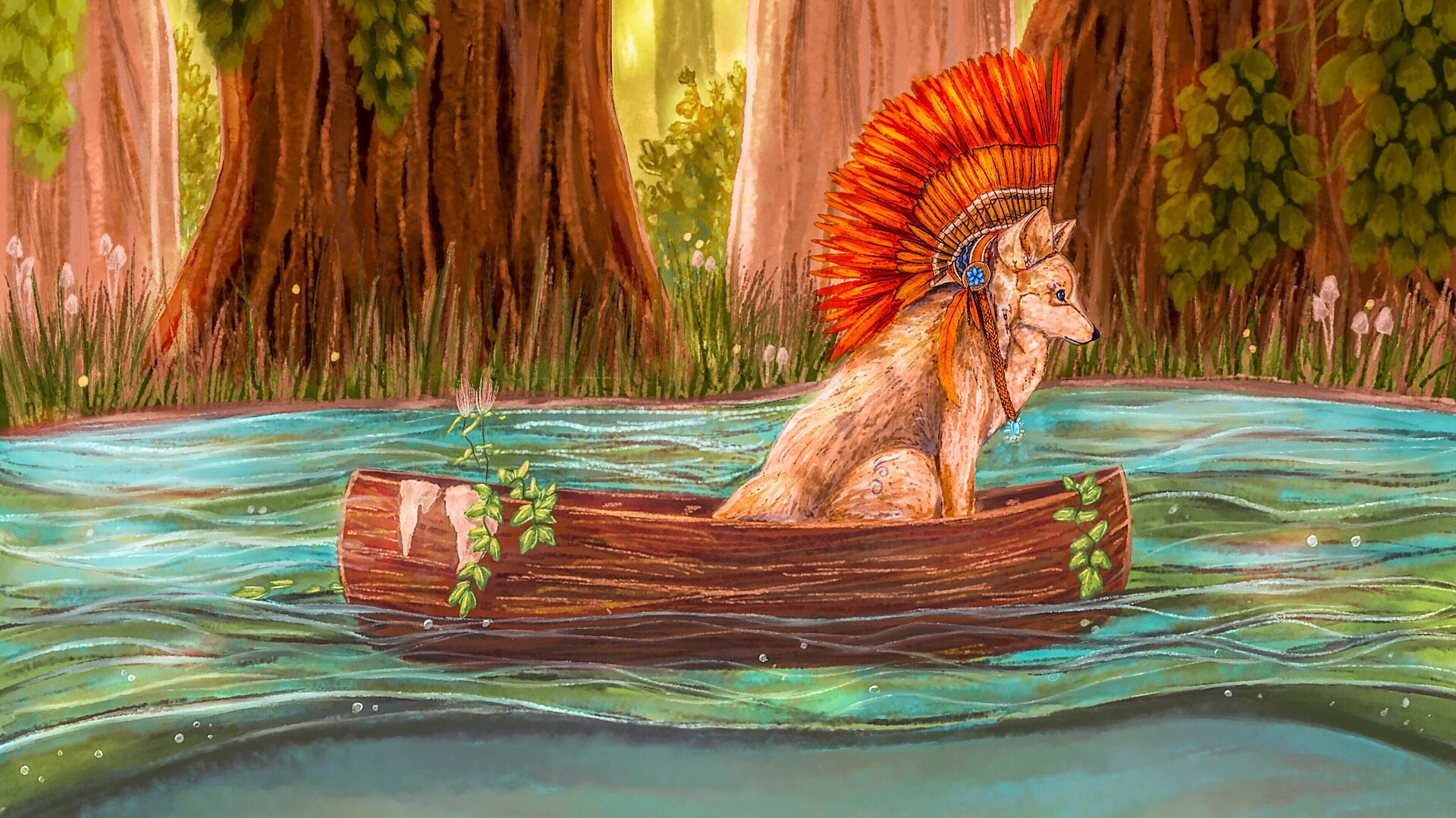 Обои водоем, живопись, олененок, иллюстрация, вымышленный персонаж в разрешении 1920x1080