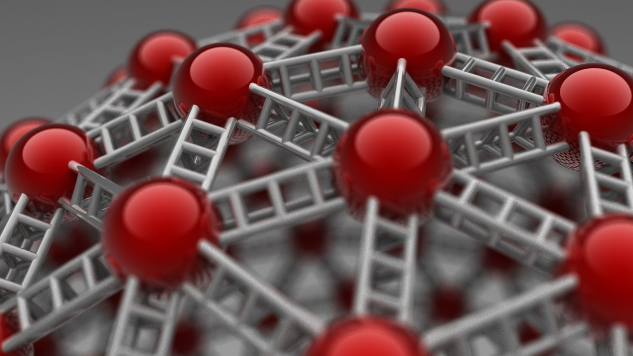 Обои красный цвет, красный, химия, молекула, трех мерное пространство в разрешении 1280x720