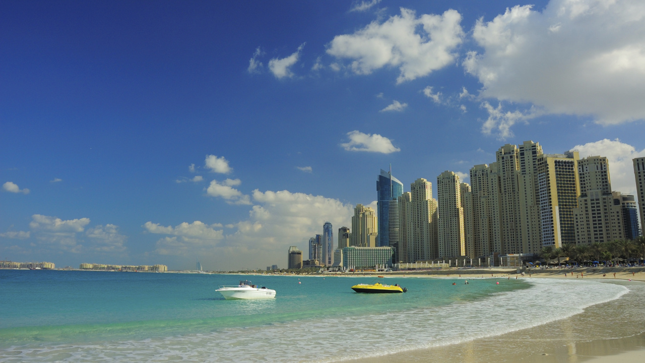 Обои пляж Джумейра, отпуск, дневное время, море, город в разрешении 1280x720