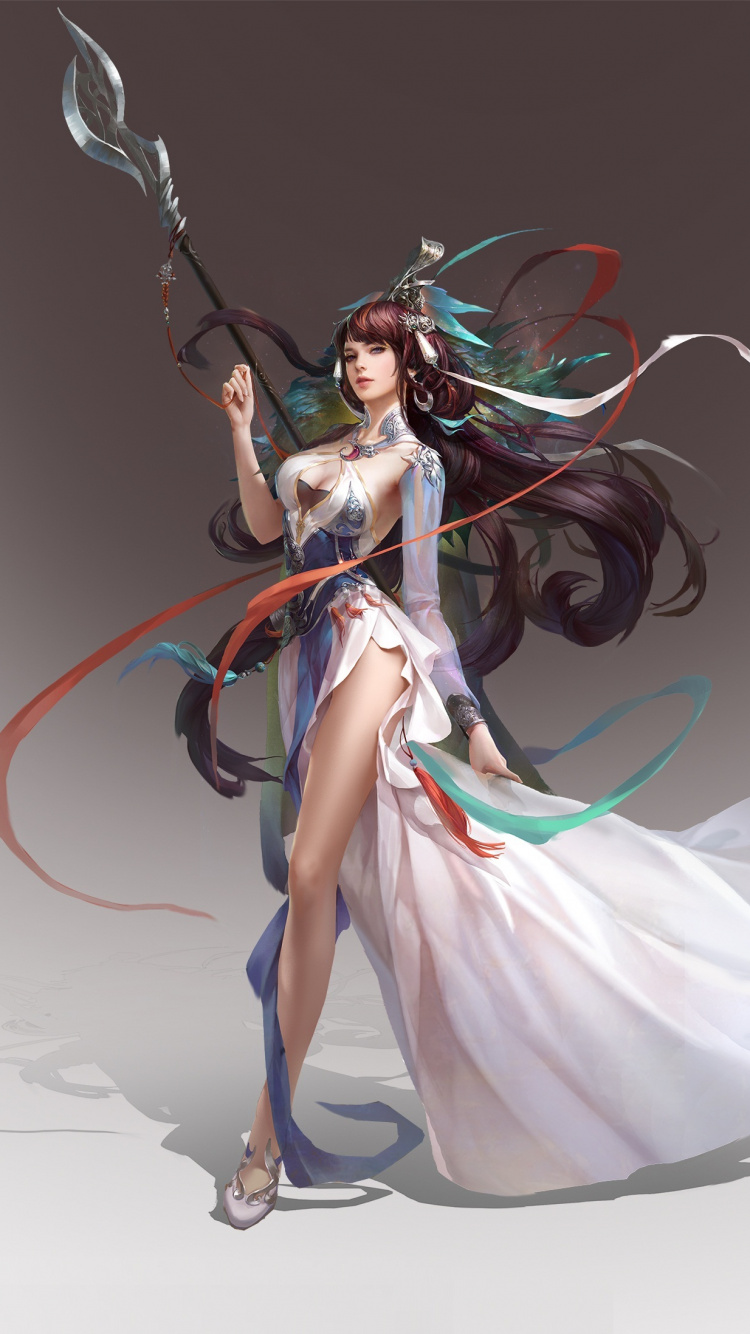 Обои фэнтези, алебарда, дизайн костюма, фигурка, арт в разрешении 750x1334