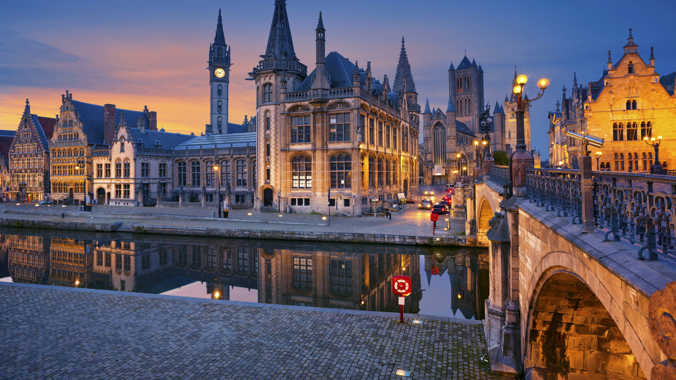 Обои Брюгге, ориентир, город, городок, водный путь в разрешении 1366x768