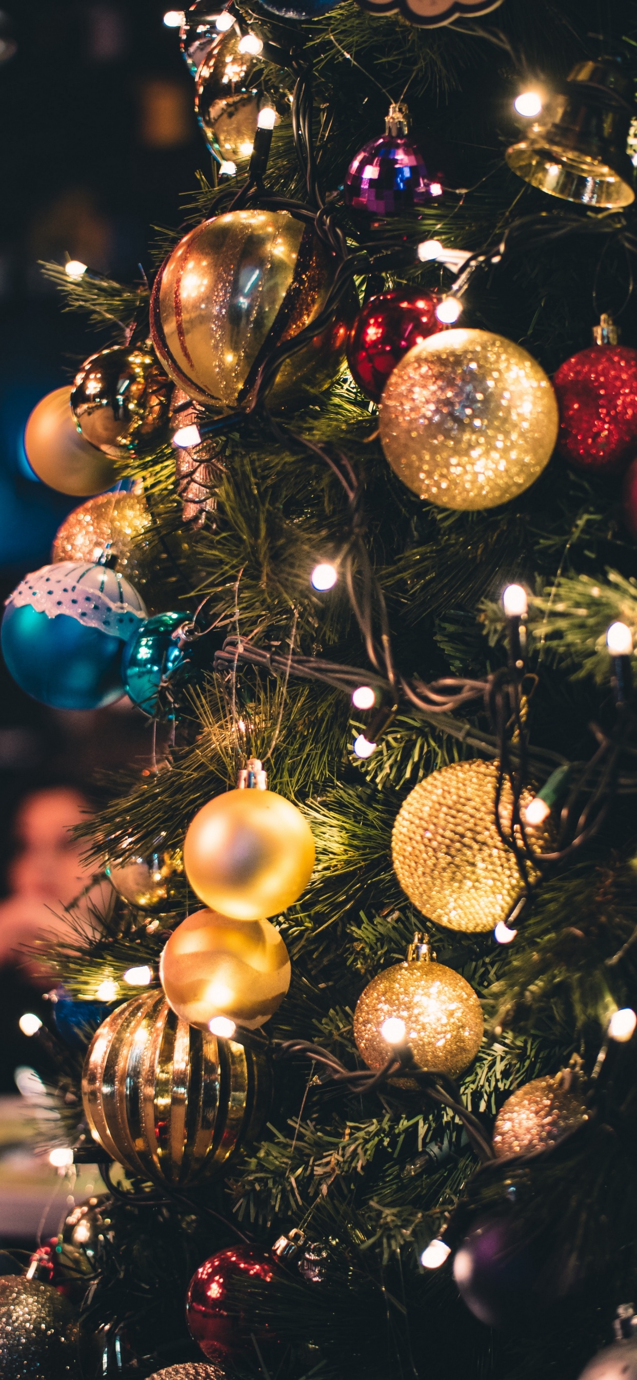 Обои Рождественские огни, Рождество, елка, освещение, рождественские гирлянды в разрешении 1242x2688