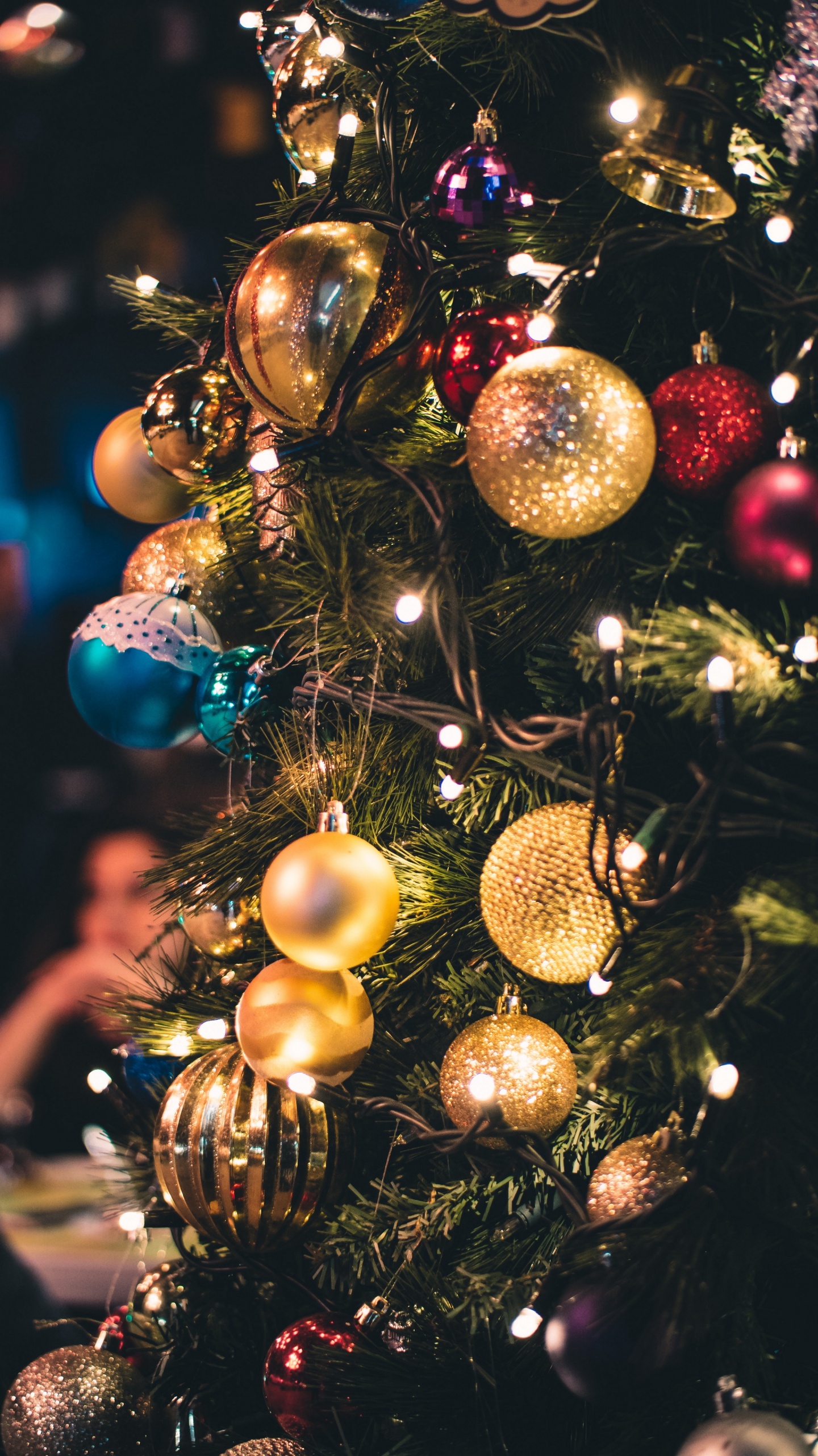 Обои Рождественские огни, Рождество, елка, освещение, рождественские гирлянды в разрешении 1440x2560