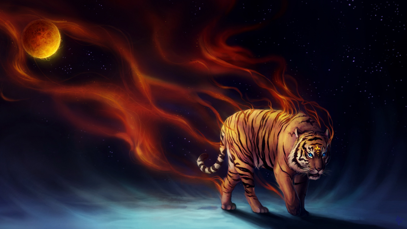 Обои тигр, цифровое искусство, иллюстрация, бенгальский тигр, кошачьих в разрешении 1366x768