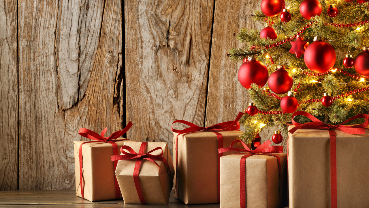 Обои Рождественский день, подарок, рождественский орнамент, подарочная упаковка, Новый год в разрешении 1280x720