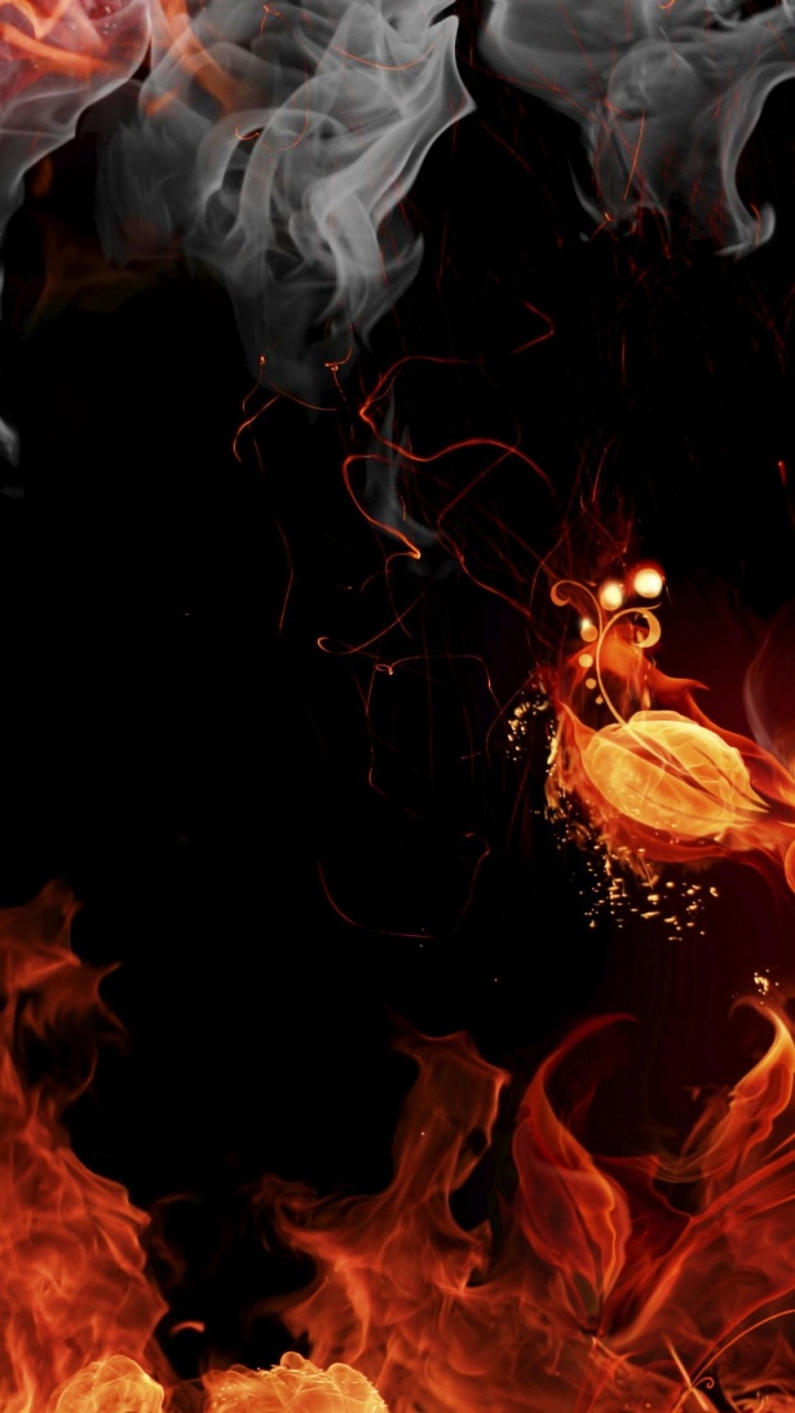 Обои пламя, огонь, дым, темнота, 3D огонь в разрешении 720x1280