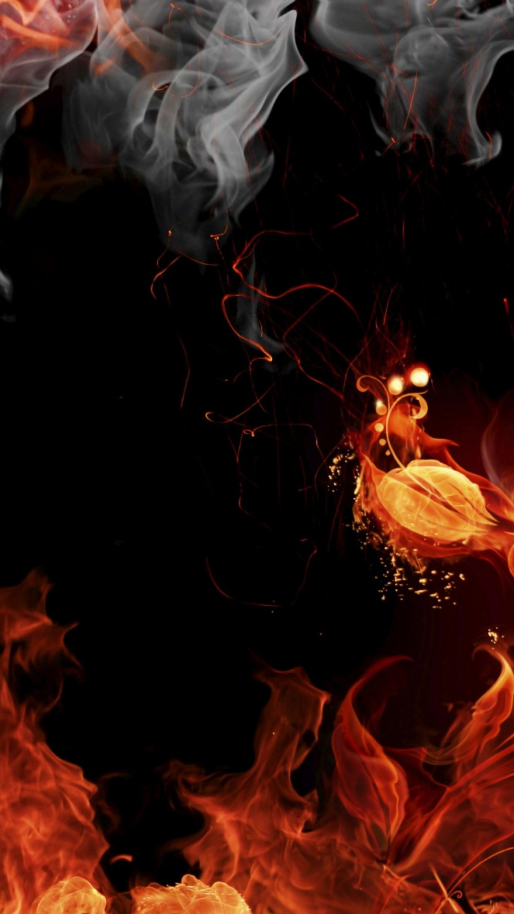 Обои пламя, огонь, дым, темнота, 3D огонь в разрешении 750x1334