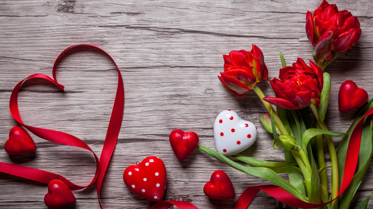 Обои День Святого Валентина, сердце, цветок, красный цвет, лепесток в разрешении 1280x720