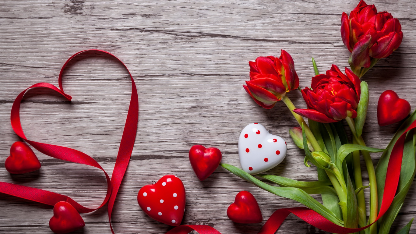 Обои День Святого Валентина, сердце, цветок, красный цвет, лепесток в разрешении 1366x768