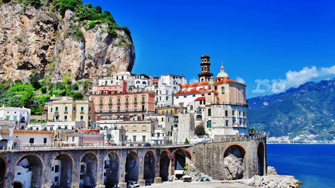 Обои Позитано, Праяно, Равелло, побережье, достопримечательность в разрешении 1366x768