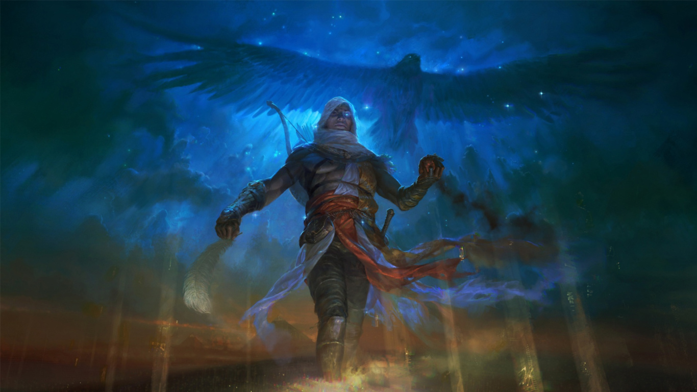 Обои assassins creed origins, произведение искусства, мифология, иллюстрация, небо в разрешении 1366x768