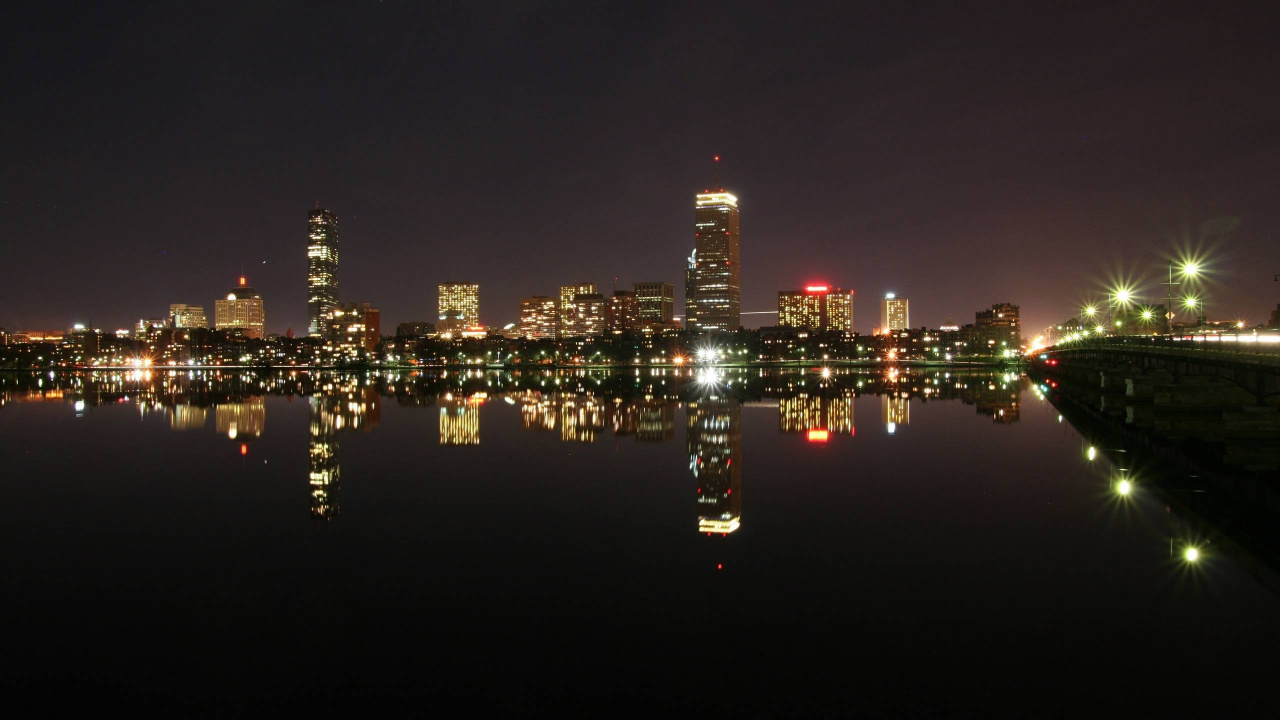 Обои Бостон, ночь, город, городской пейзаж, линия горизонта в разрешении 1280x720