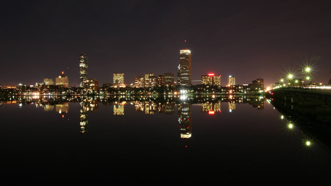 Обои Бостон, ночь, город, городской пейзаж, линия горизонта в разрешении 1366x768