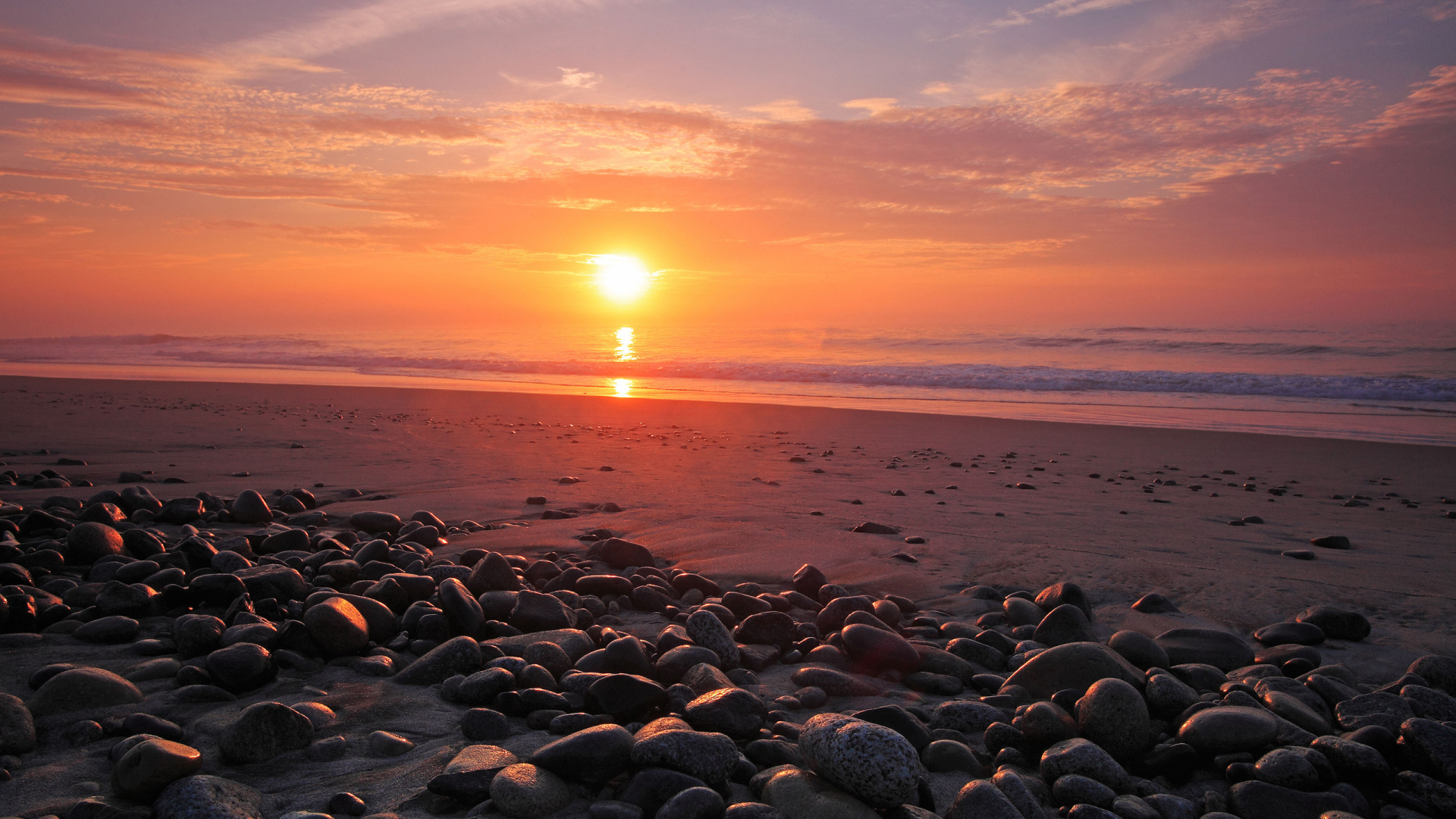 Обои пляж, закат, горизонт, море, берег в разрешении 1920x1080