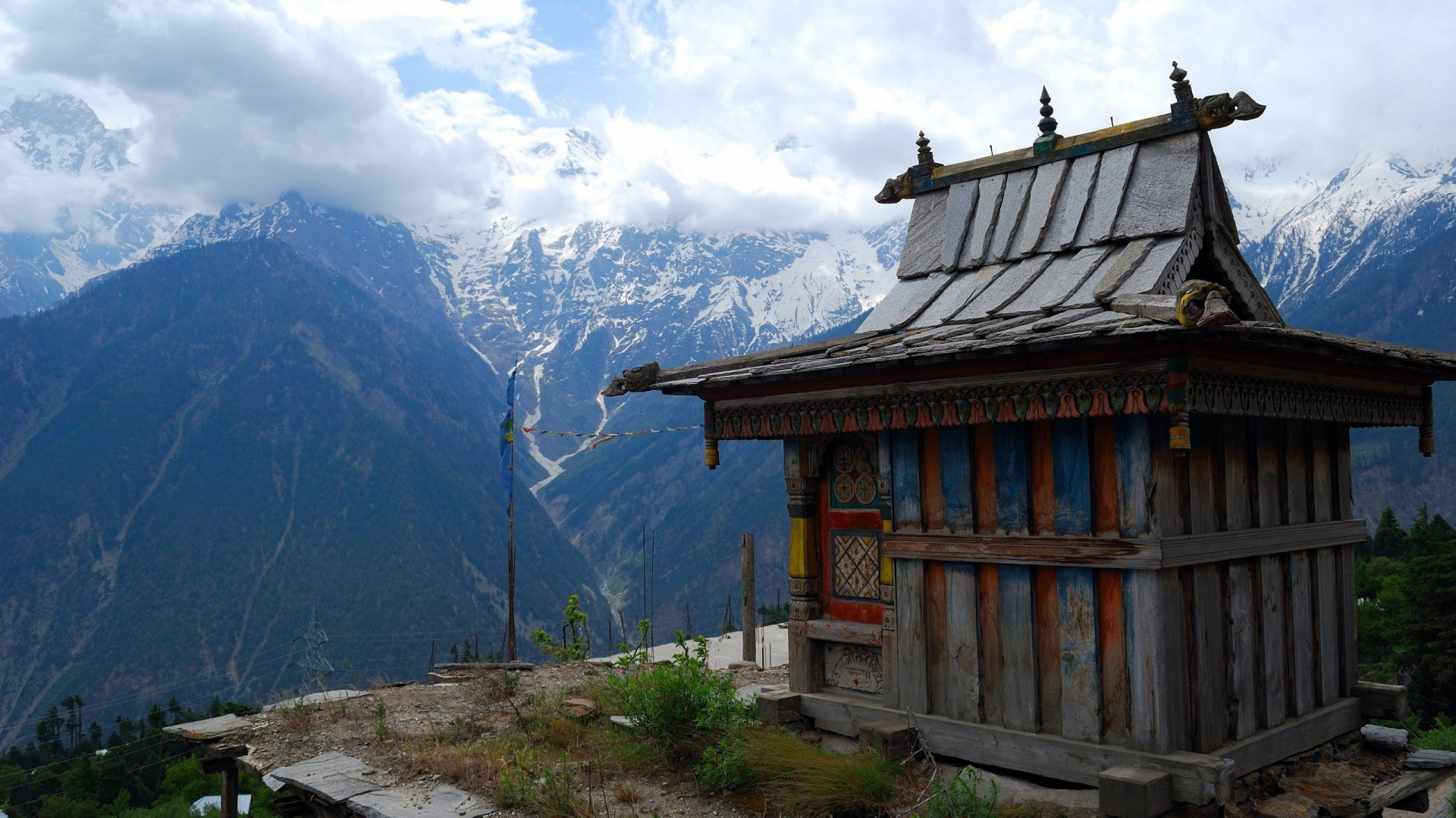 Обои тибетский монастырь, храм, гора, горный рельеф, горный хребет в разрешении 1920x1080