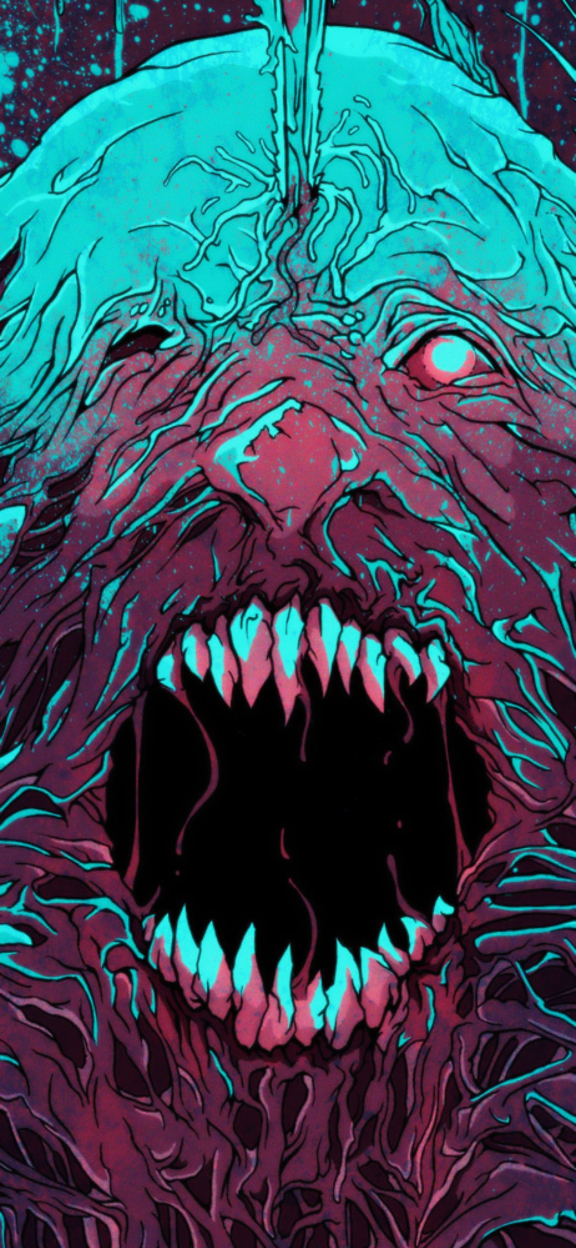 Обои психоделическое искусство, голова, рот, рев, клык в разрешении 1125x2436