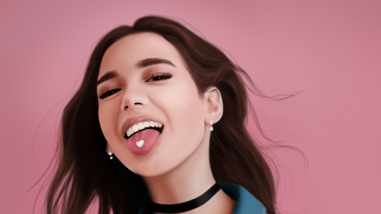 Обои Dua Lipa, рисование, лицо, волосы, мимика в разрешении 1280x720