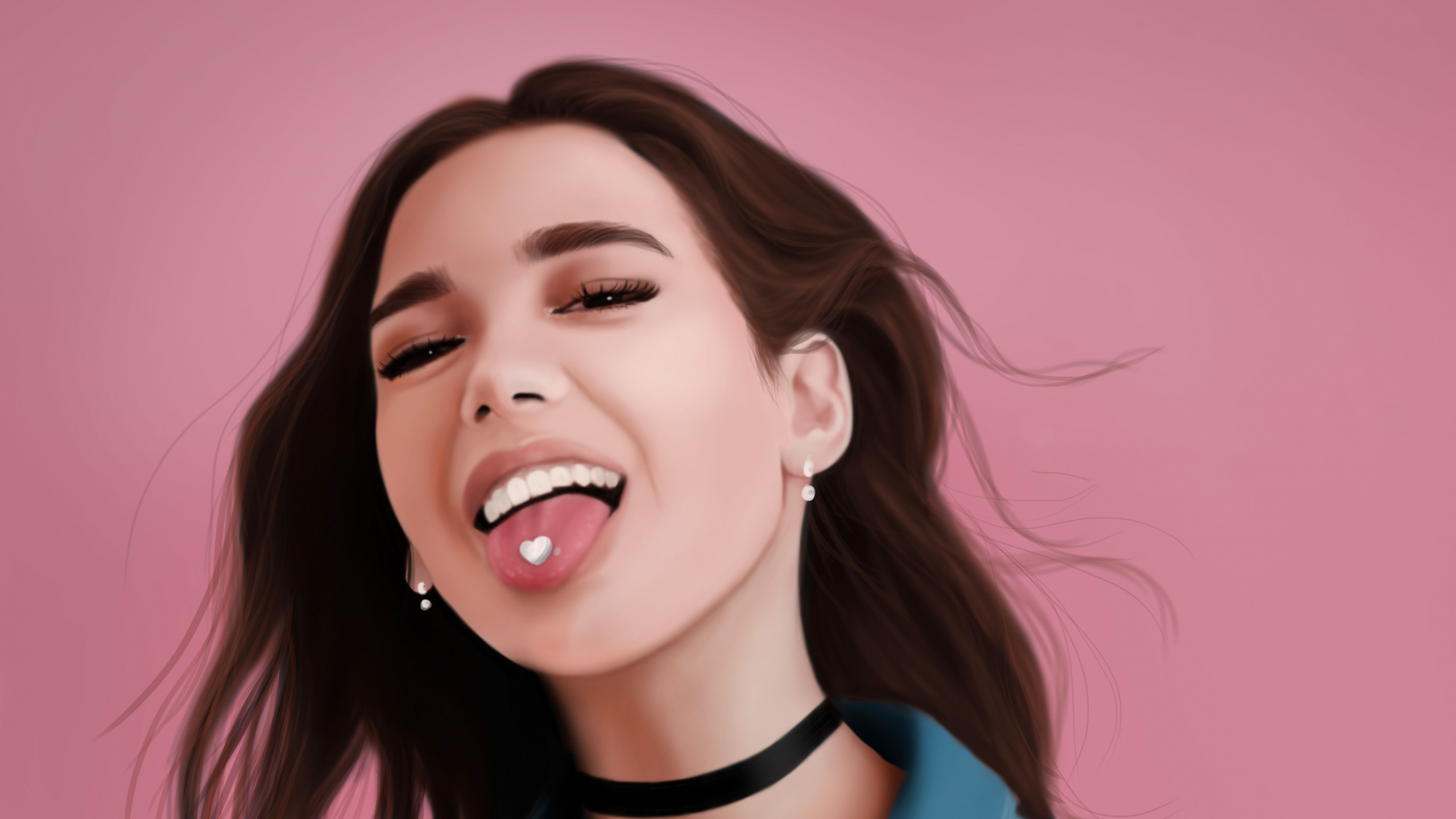 Обои Dua Lipa, рисование, лицо, волосы, мимика в разрешении 2560x1440