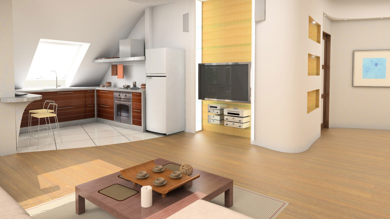 Обои дизайн, гостиная комната, мебель, кухня, дизайн интерьера в разрешении 1280x720