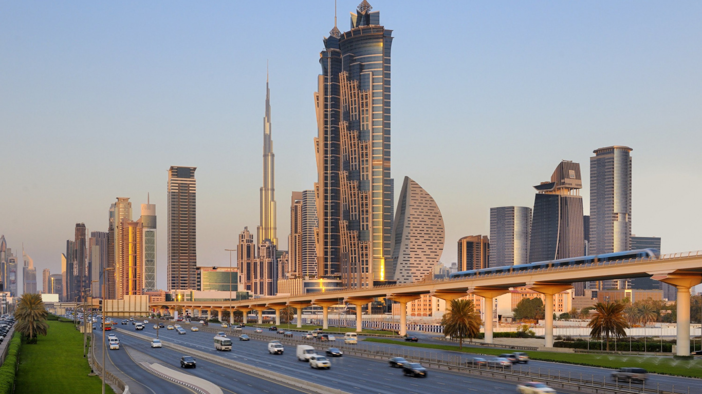 Обои Бурдж Халифа, город, небоскреб, городской район, линия горизонта в разрешении 1366x768