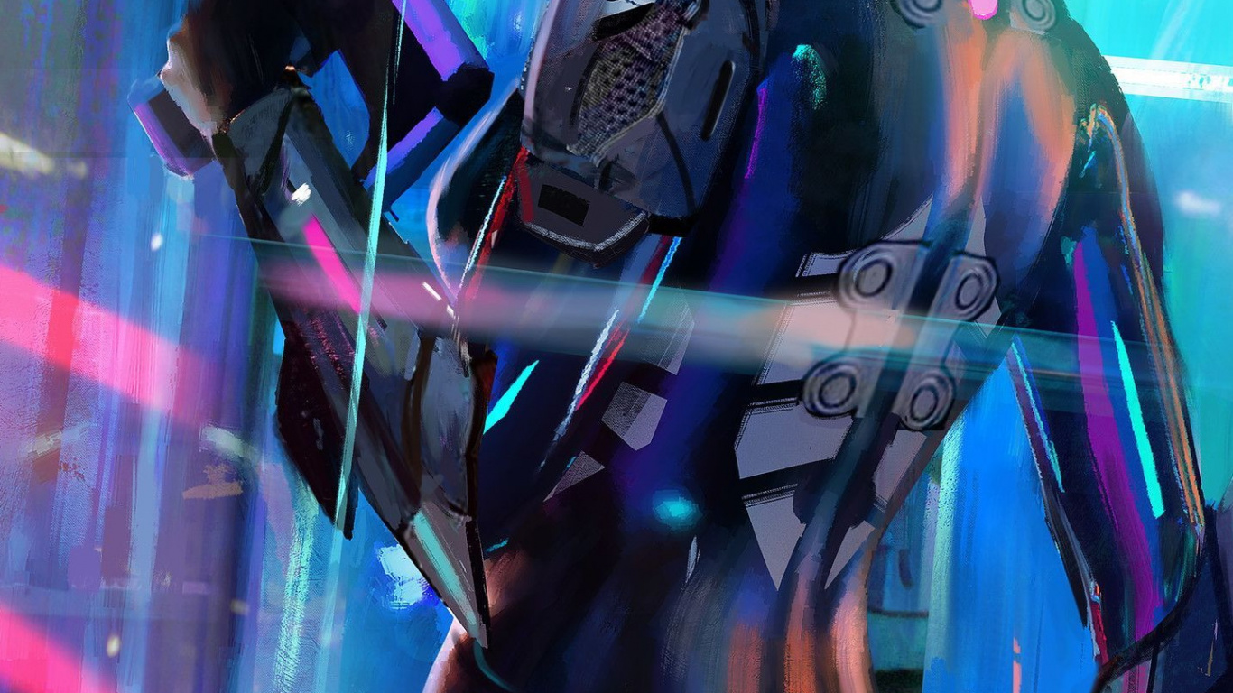 Обои неоновое черное искусство, арт, Synthwave, постер, черный в разрешении 1366x768