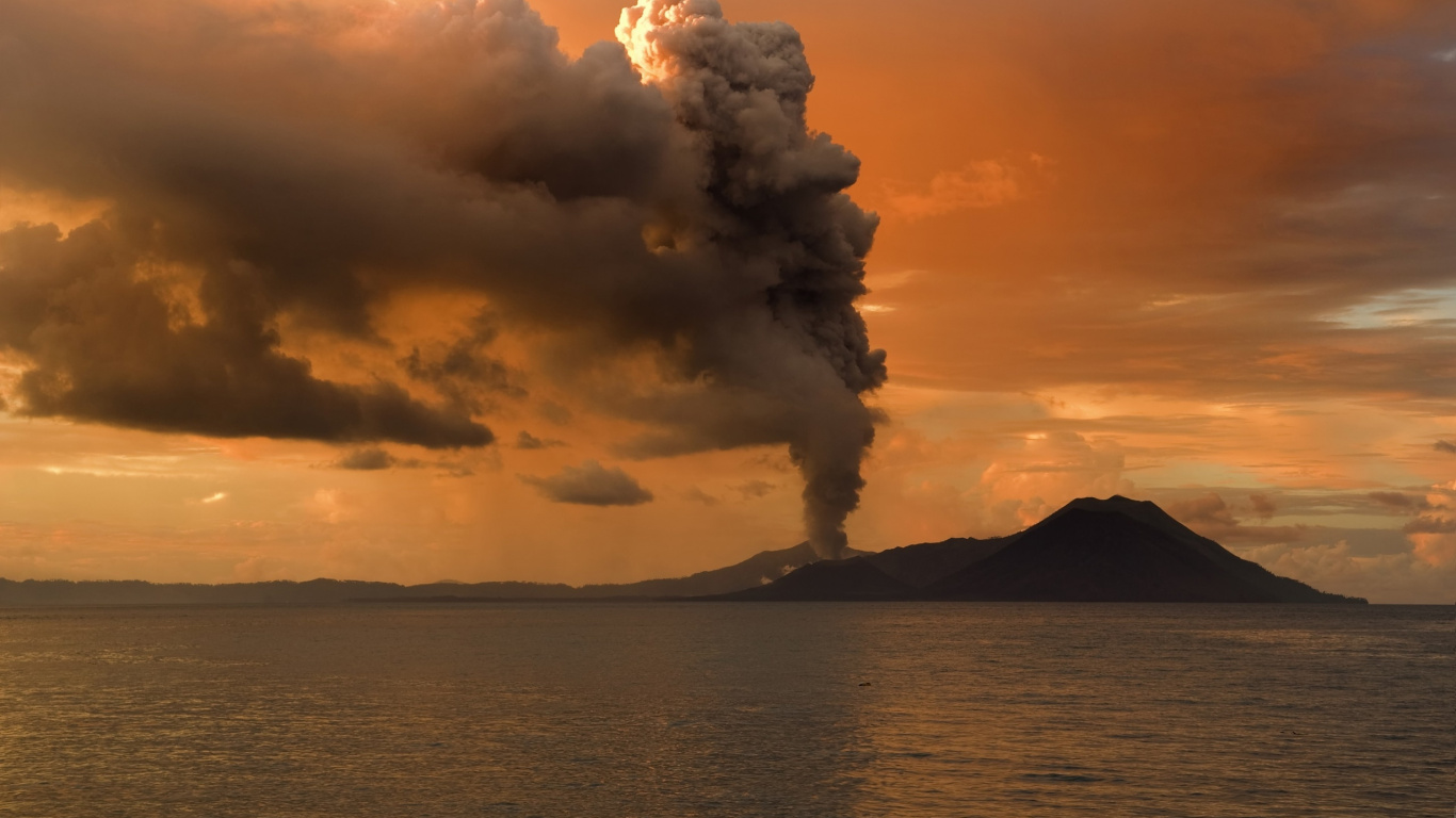 Обои Тавурвур, вулкан, облако, кучевое облако, горизонт в разрешении 1366x768