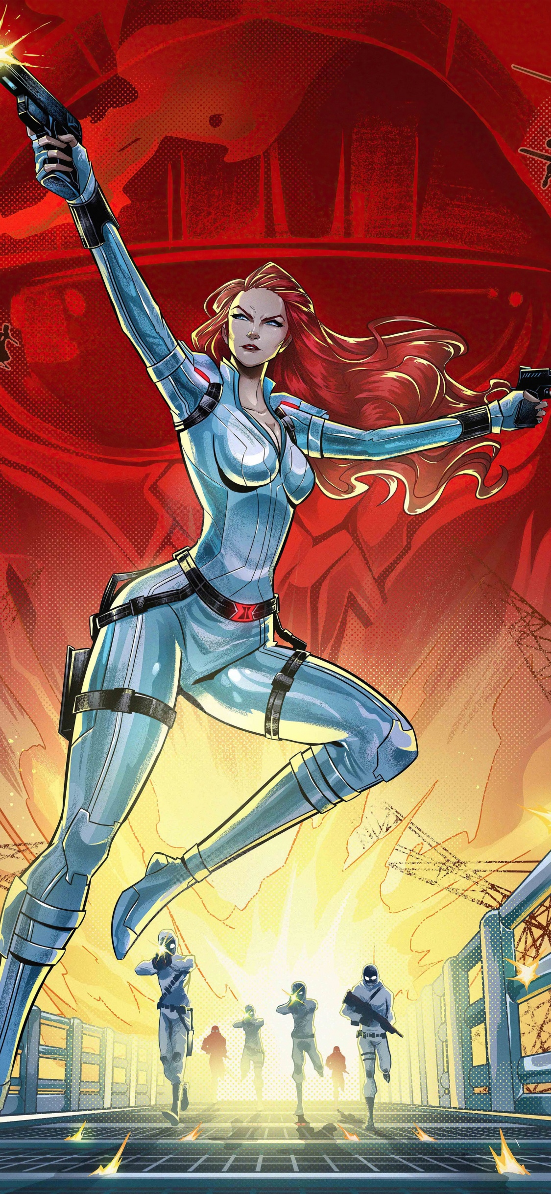 Обои черная вдова белый костюм, супергерой, комиксы, иллюстрация, наташа романова в разрешении 1125x2436