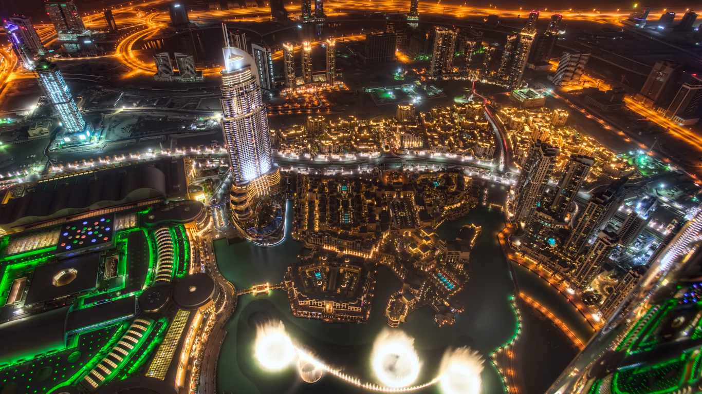 Обои Бурдж Халифа, Фонтан Дубай, Дубай Молл, город, ориентир в разрешении 1366x768