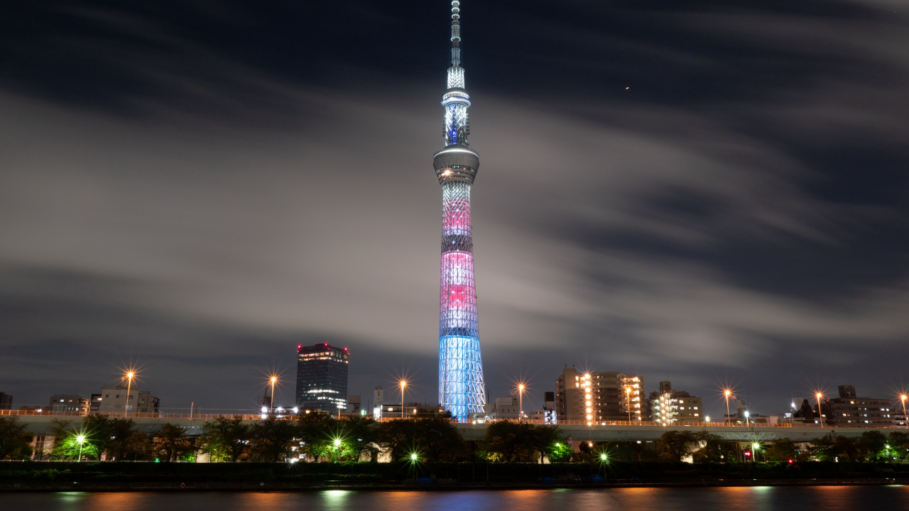 Обои токийская башня, вышка, ночь, ориентир, город в разрешении 1280x720