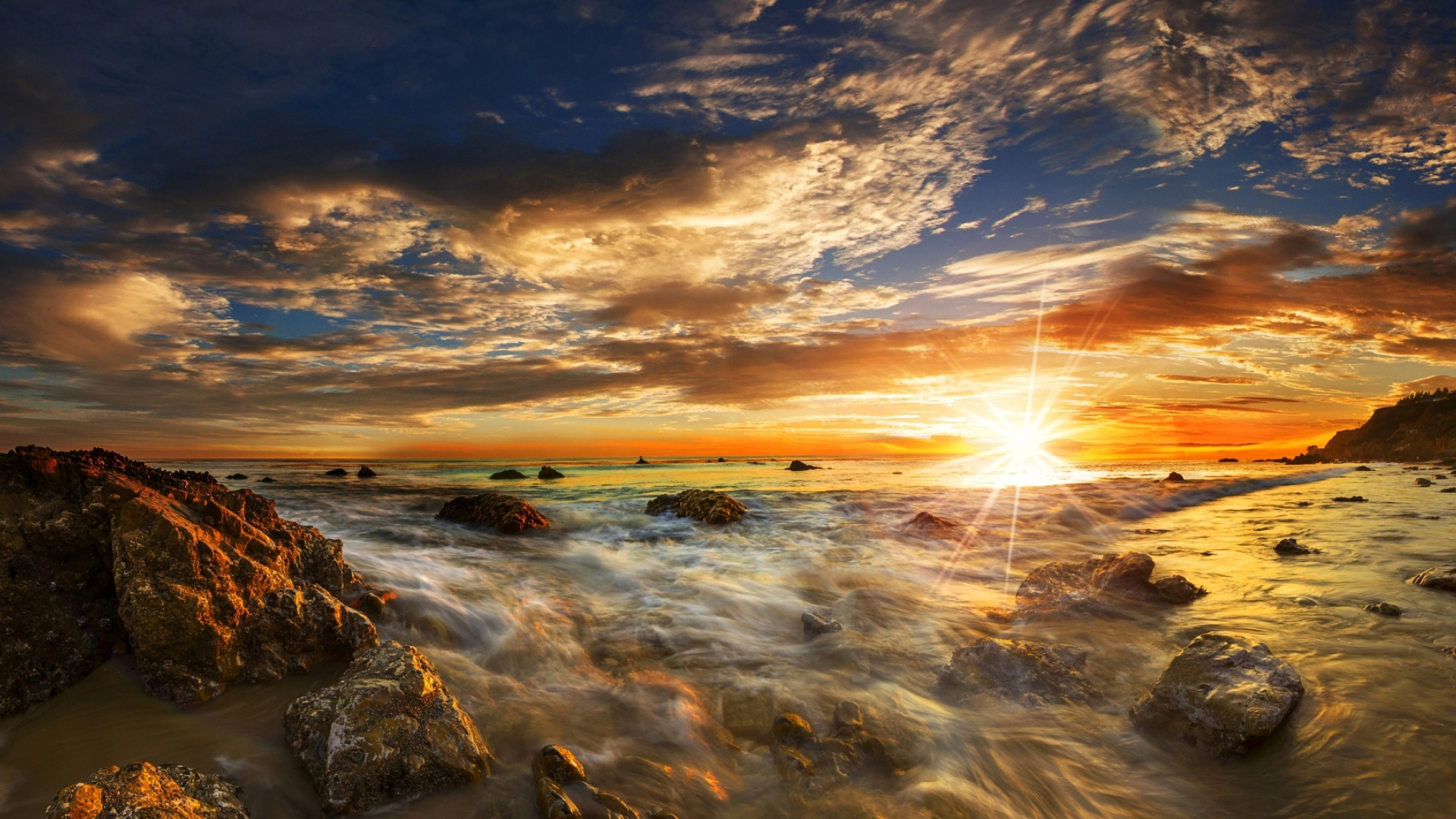 Обои пляж Малибу, закат, восход солнца, Янтарь, горизонт в разрешении 1920x1080
