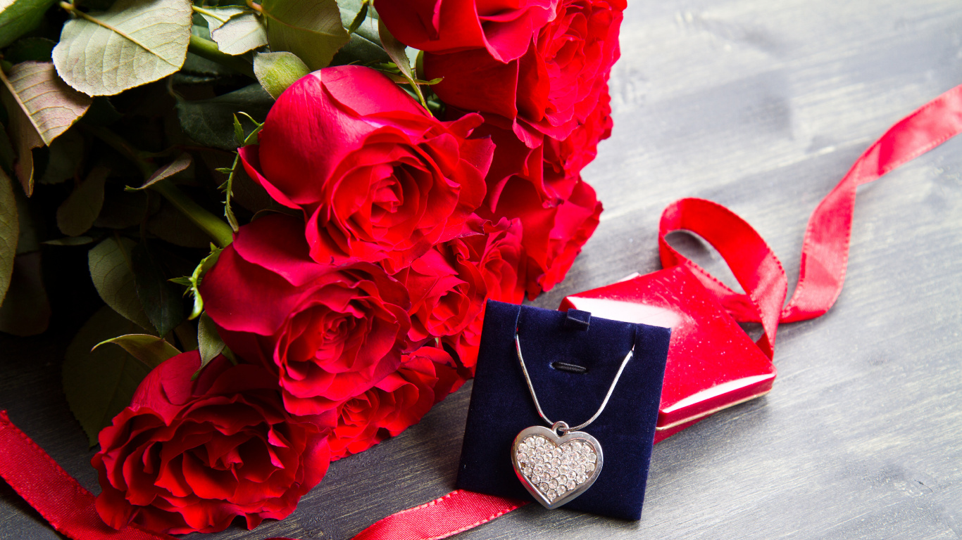 Обои День Святого Валентина, сердце, подарок, цветок, Роза в разрешении 1366x768