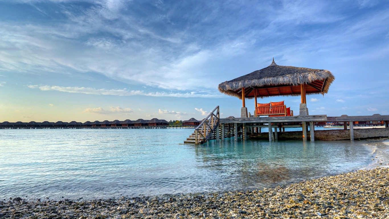 Обои море, Мальдивы, пляж, побережье, вода в разрешении 1366x768