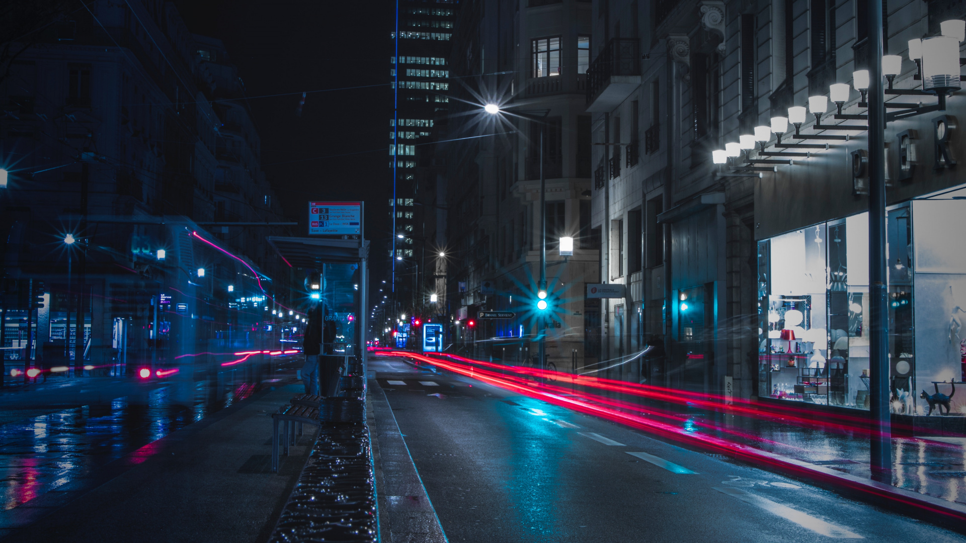 Обои ночь, дорога, городской район, уличный фонарь, свет в разрешении 1920x1080