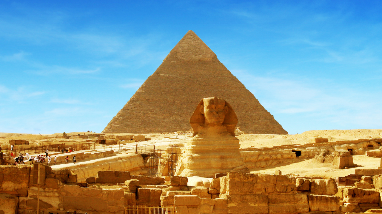 Обои Великий Сфинкс Гизы, пирамида, древняя история, историческое место, ориентир в разрешении 1280x720