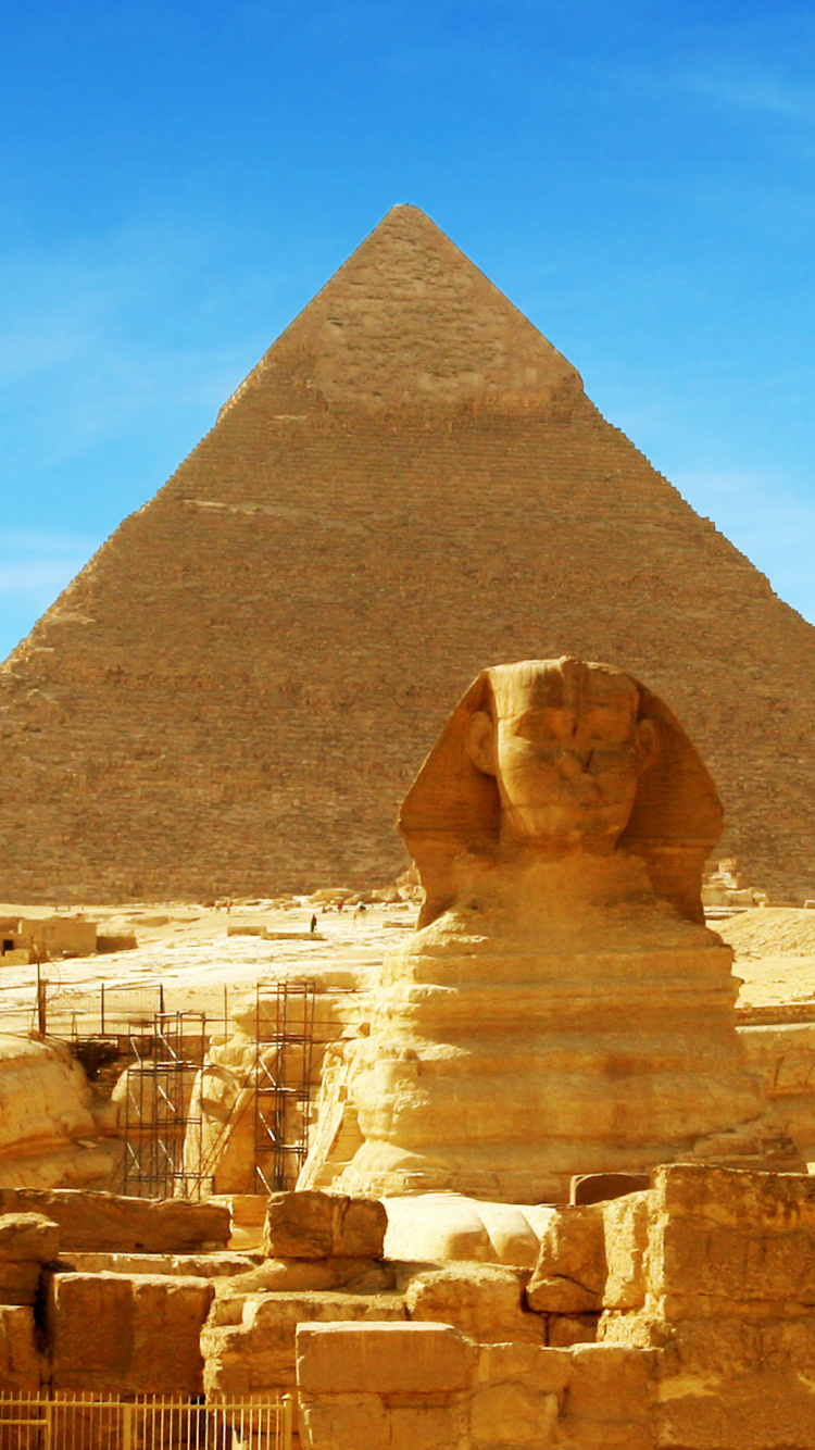 Обои Великий Сфинкс Гизы, пирамида, древняя история, историческое место, ориентир в разрешении 750x1334