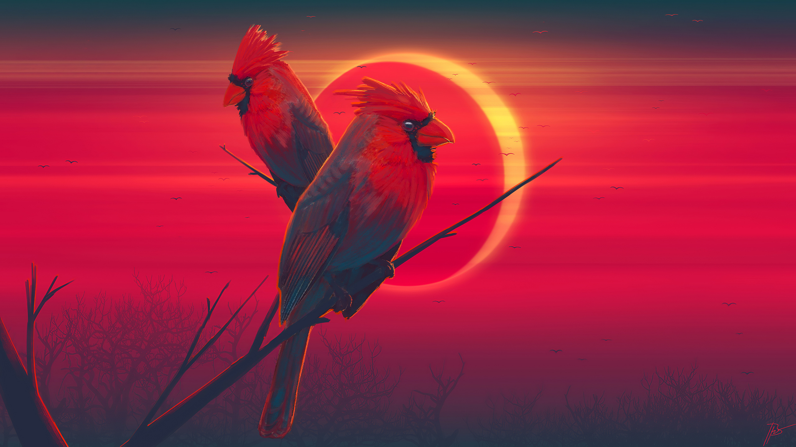 Обои иллюстрация, арт, красный цвет, птица, клюв в разрешении 2560x1440