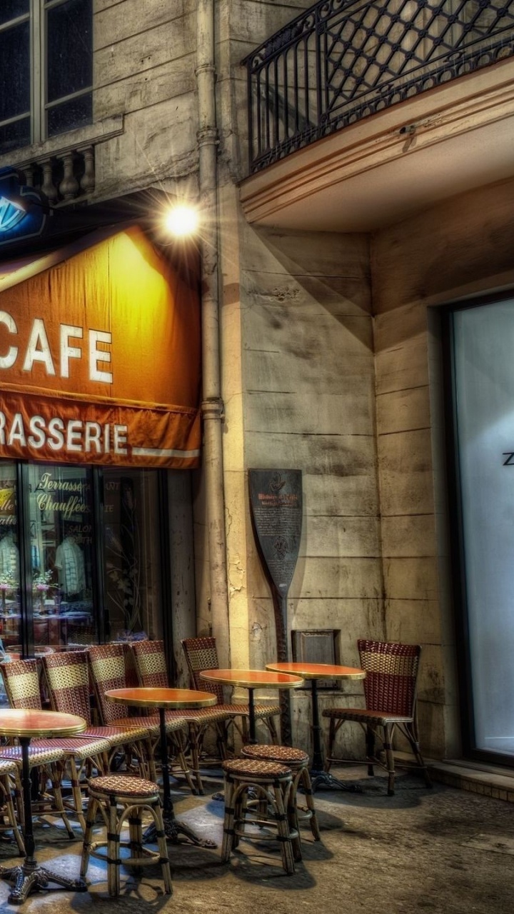 Обои Париж, кофейня, ночь, ресторан, город в разрешении 720x1280