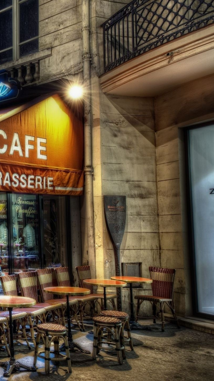 Обои Париж, кофейня, ночь, ресторан, город в разрешении 750x1334