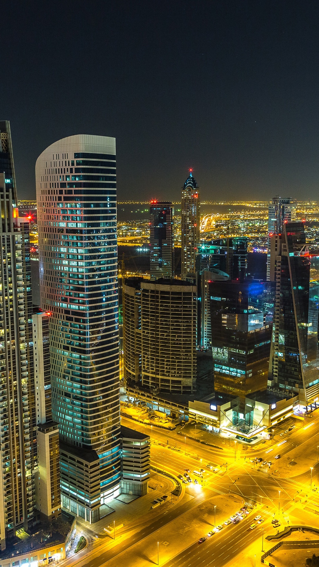 Обои Эйфелева башня, небоскреб, ночь, город, городской пейзаж в разрешении 1080x1920