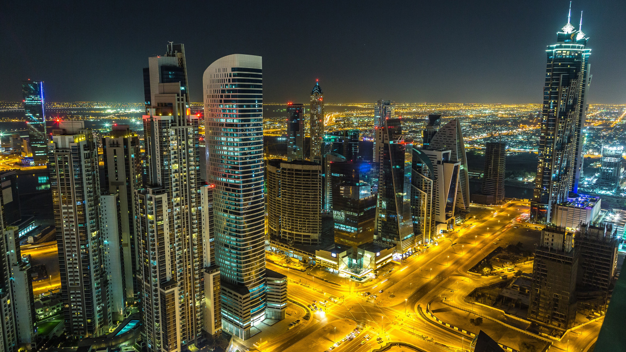 Обои Эйфелева башня, небоскреб, ночь, город, городской пейзаж в разрешении 1280x720